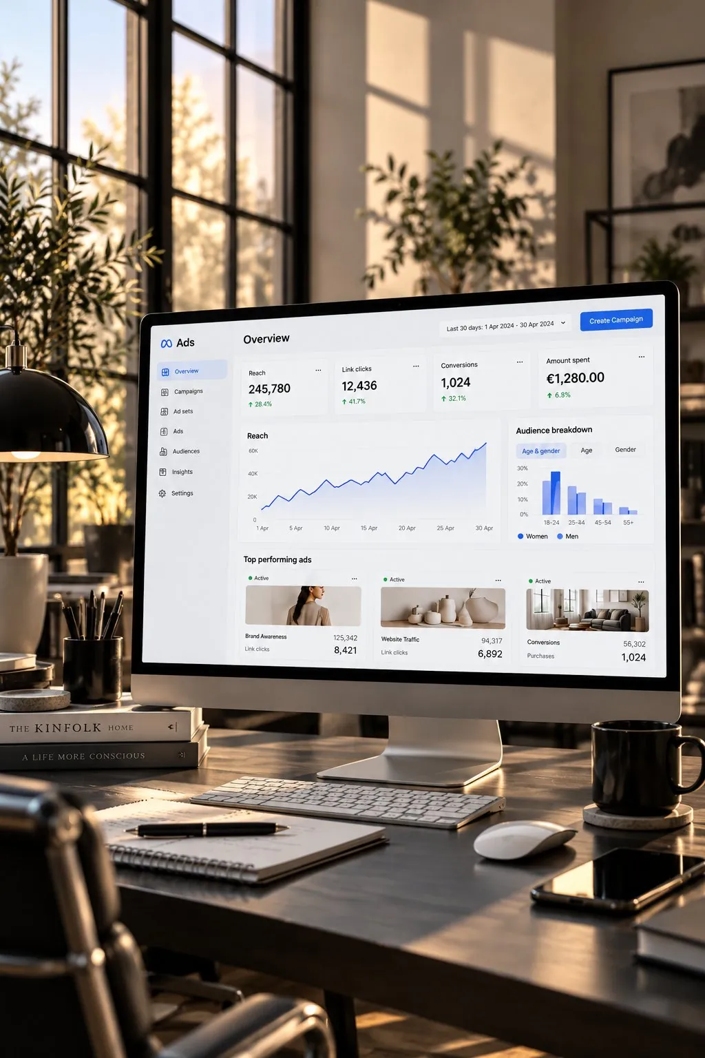 Ads analytics dashboard on a desktop in a warm editorial workspace