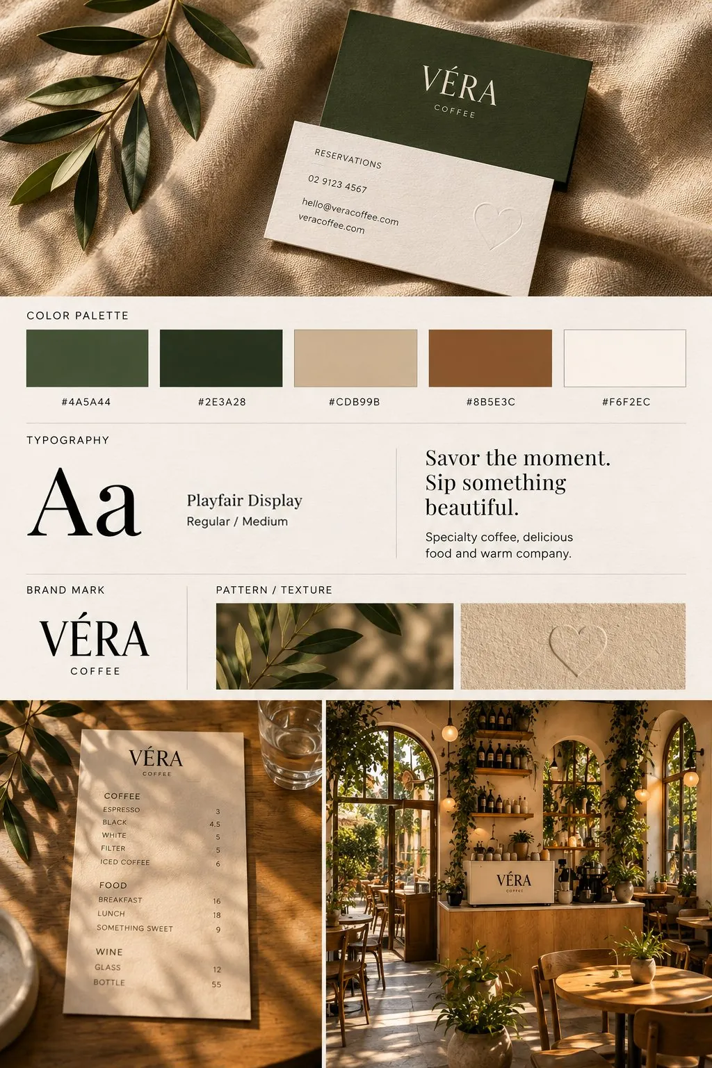 Véra Coffee brand moodboard with business cards, palette and typography