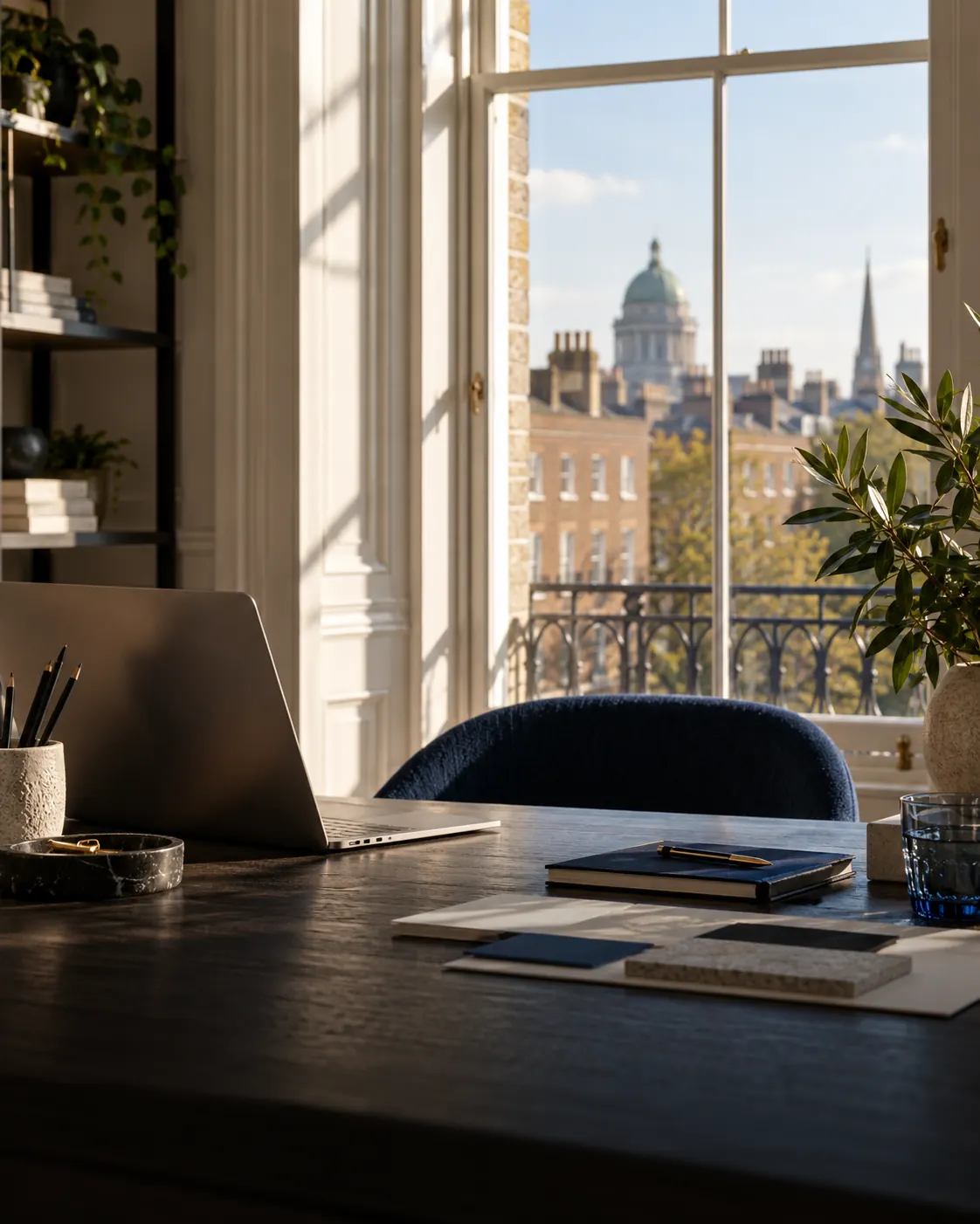 A sunlit desk with a laptop, notebook and material samples beside a tall window overlooking Dublin rooftops