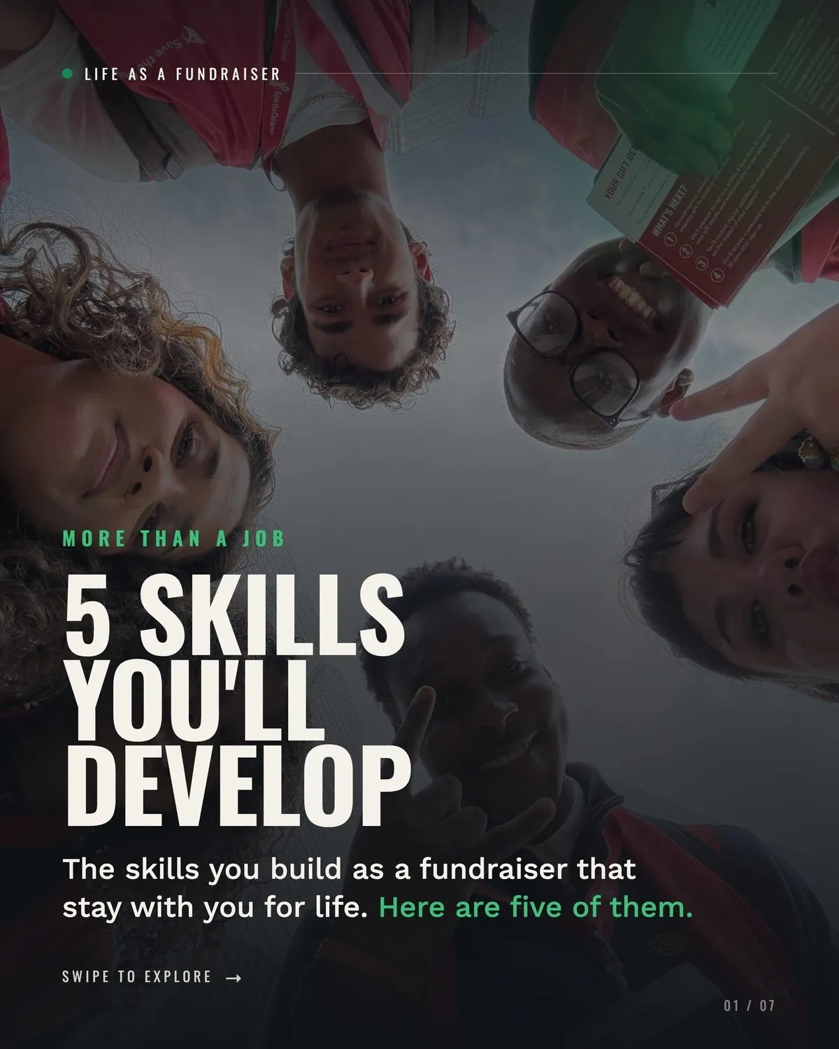 5 Skills You’ll Develop carousel cover with fundraisers looking down at the camera