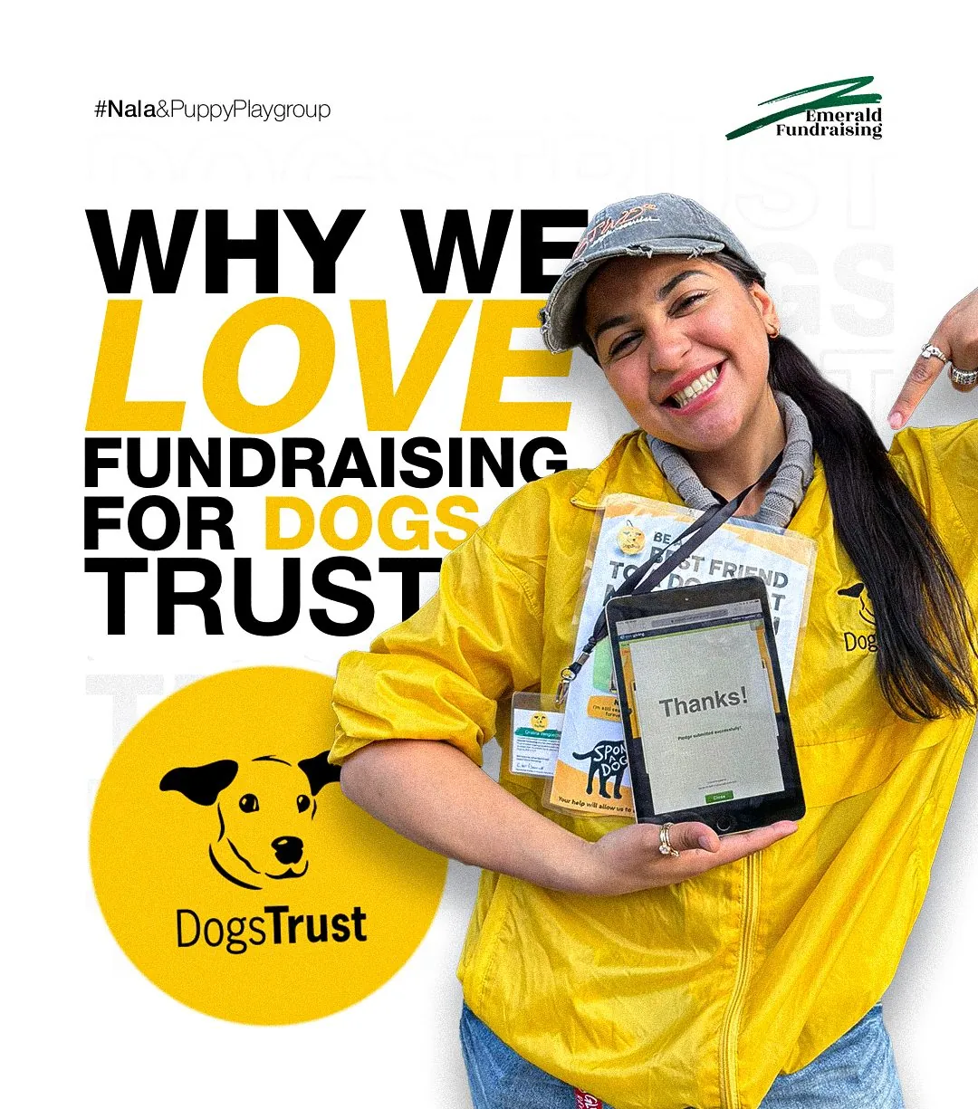 Why We Love Fundraising for Dogs Trust post with a smiling fundraiser holding a tablet