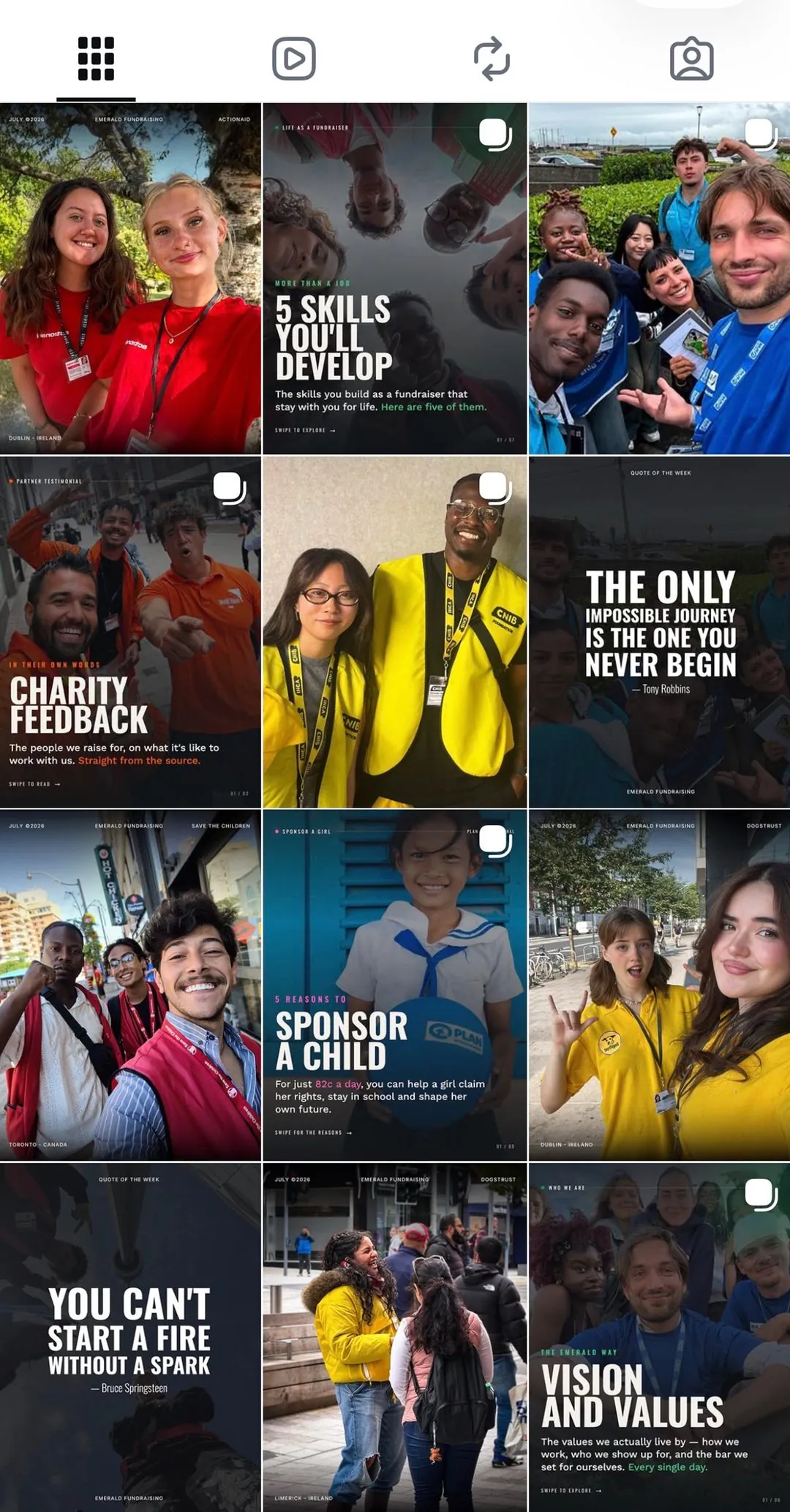 Emerald Fundraising Instagram profile grid of carousels, quotes and team photos