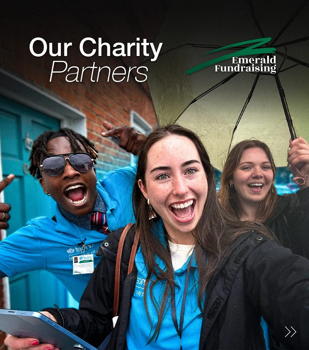 Our Charity Partners post with UNICEF fundraisers taking a selfie under an umbrella
