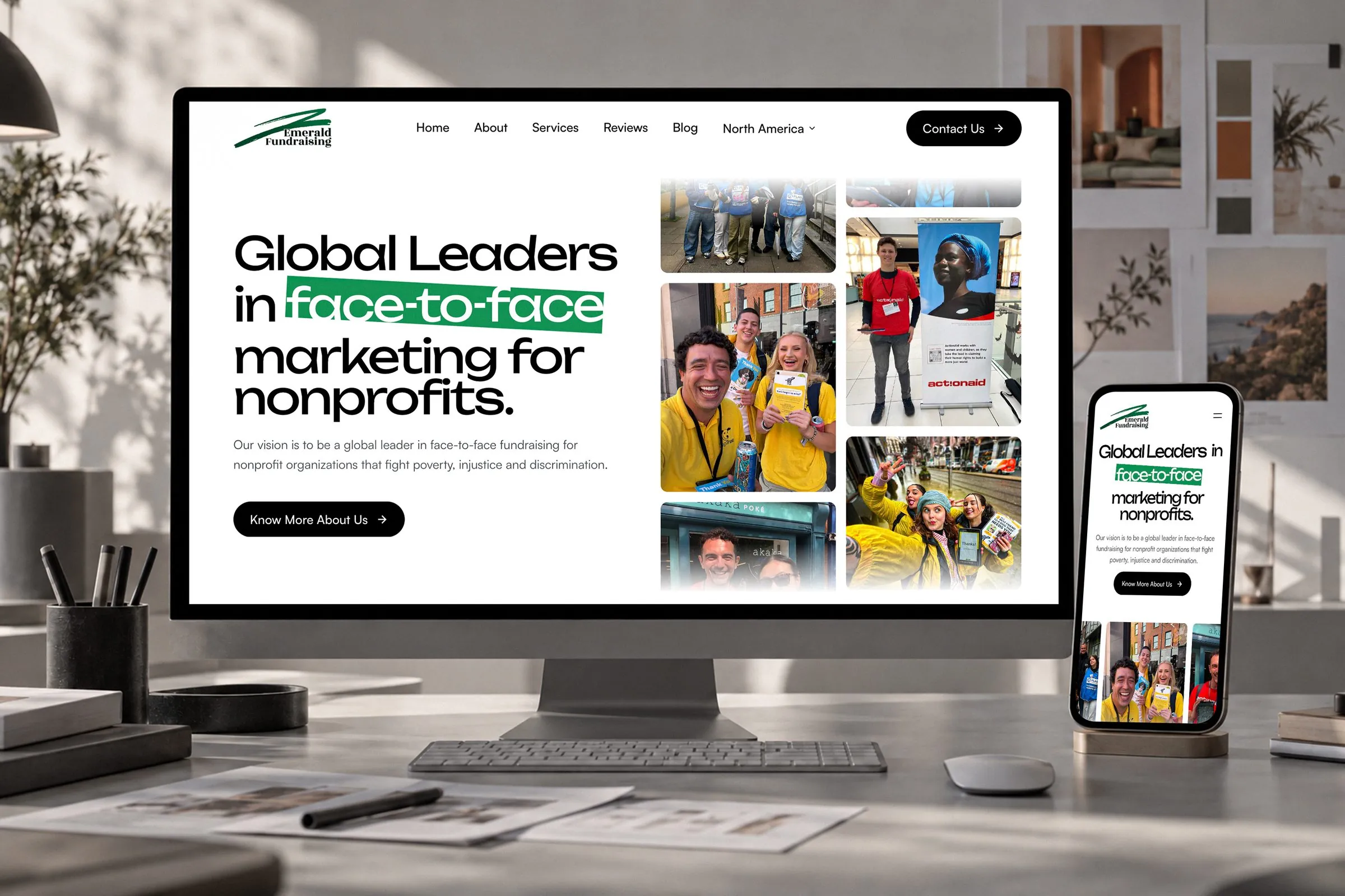 Emerald Fundraising website on a desktop screen and phone