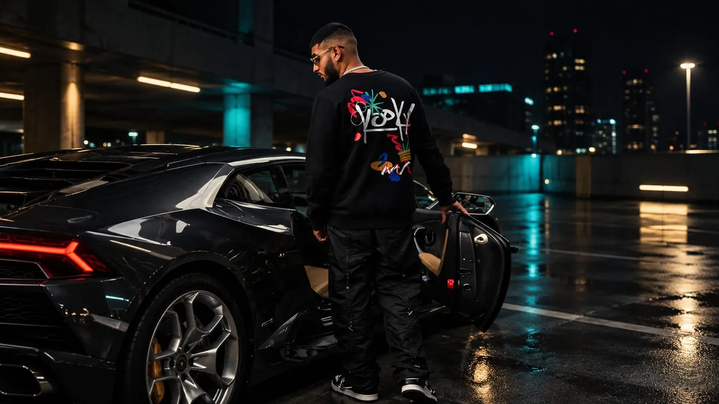 Model in a Kooky graffiti-print sweatshirt opening the door of a black sports car in a rain-soaked car park at night