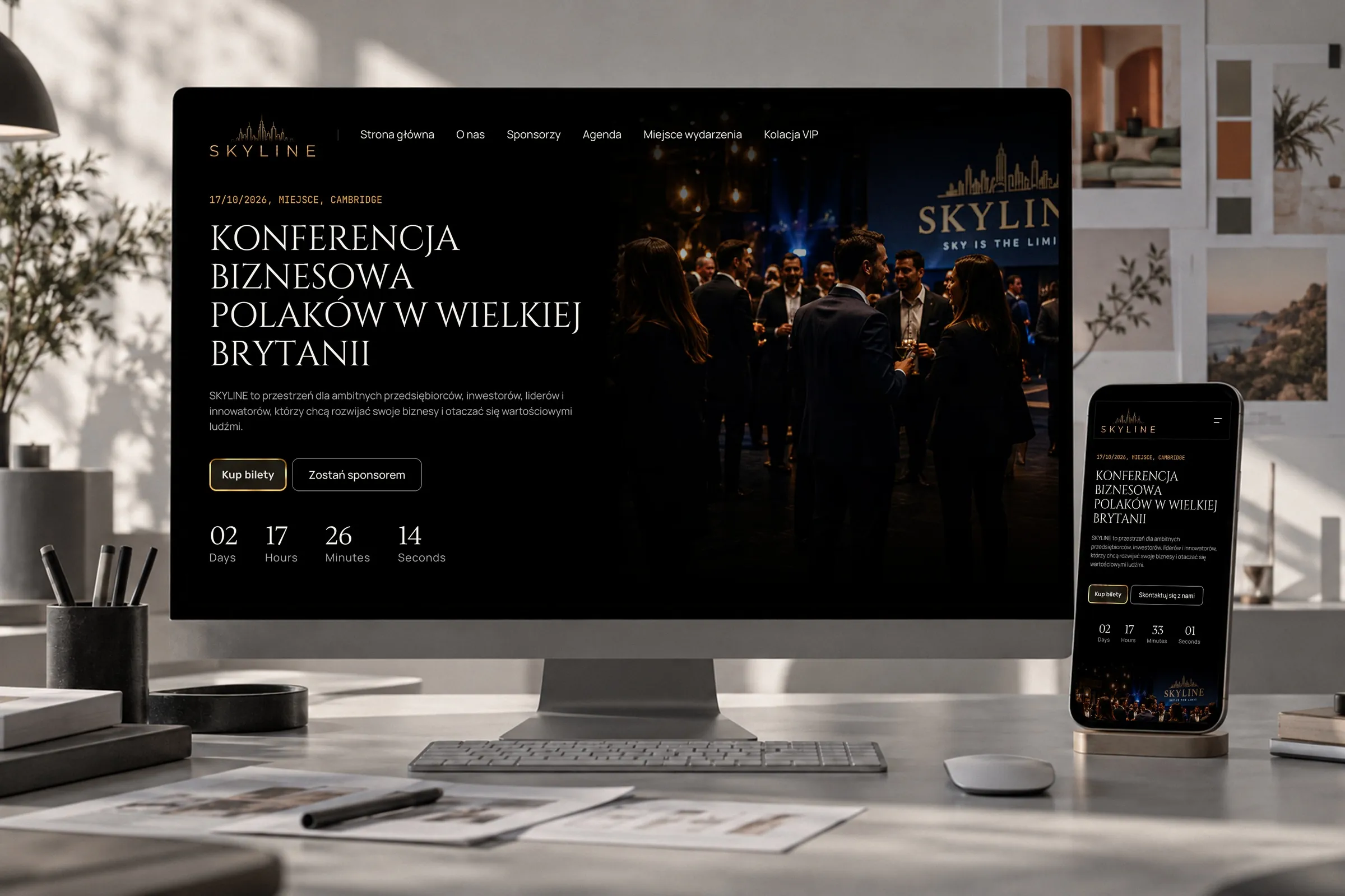 Skyline conference website shown on a desktop monitor and phone