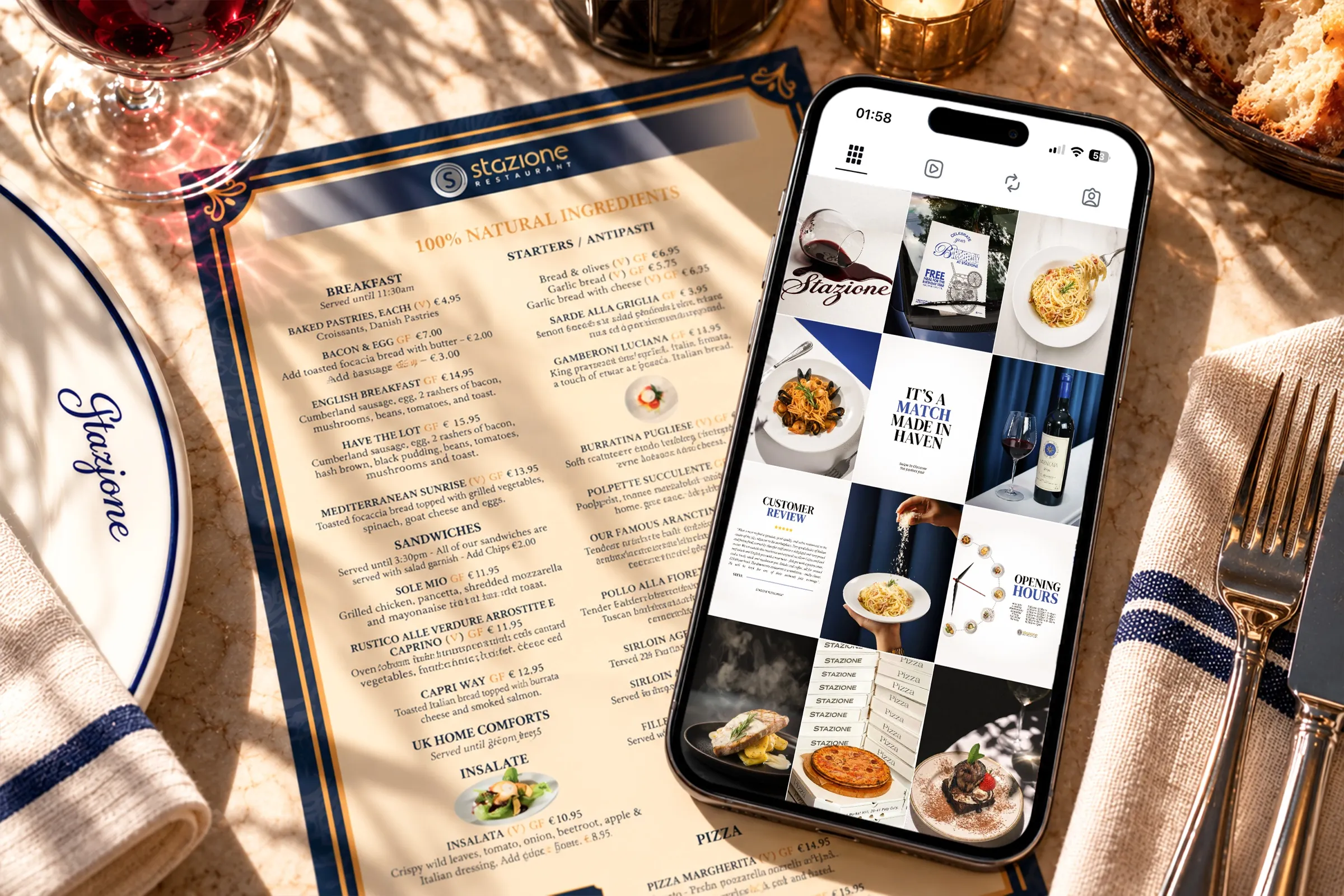 Stazione Italian restaurant menu and social media feed displayed on a phone