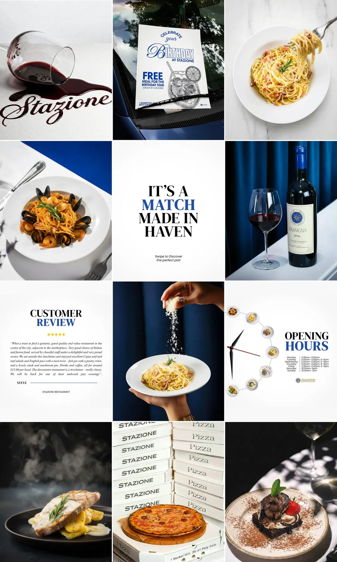 Stazione Instagram grid of food photography, wine, customer review and opening hours posts