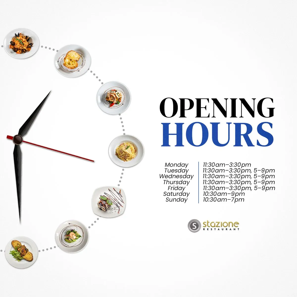 Opening Hours post with plated dishes arranged around a clock face